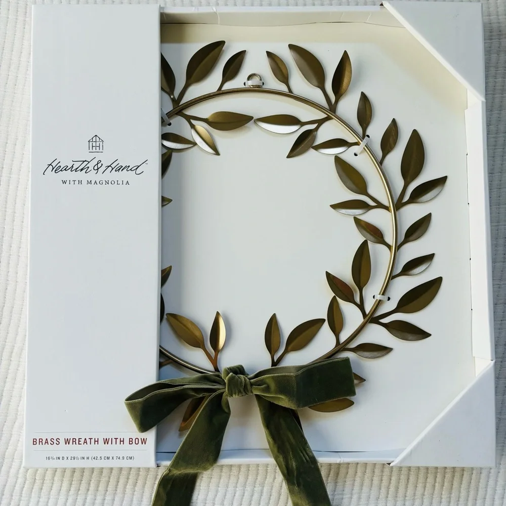 Hearth & Hand with Magnolia Decorative Brass Leaf Christmas Wreath Velvet Bow